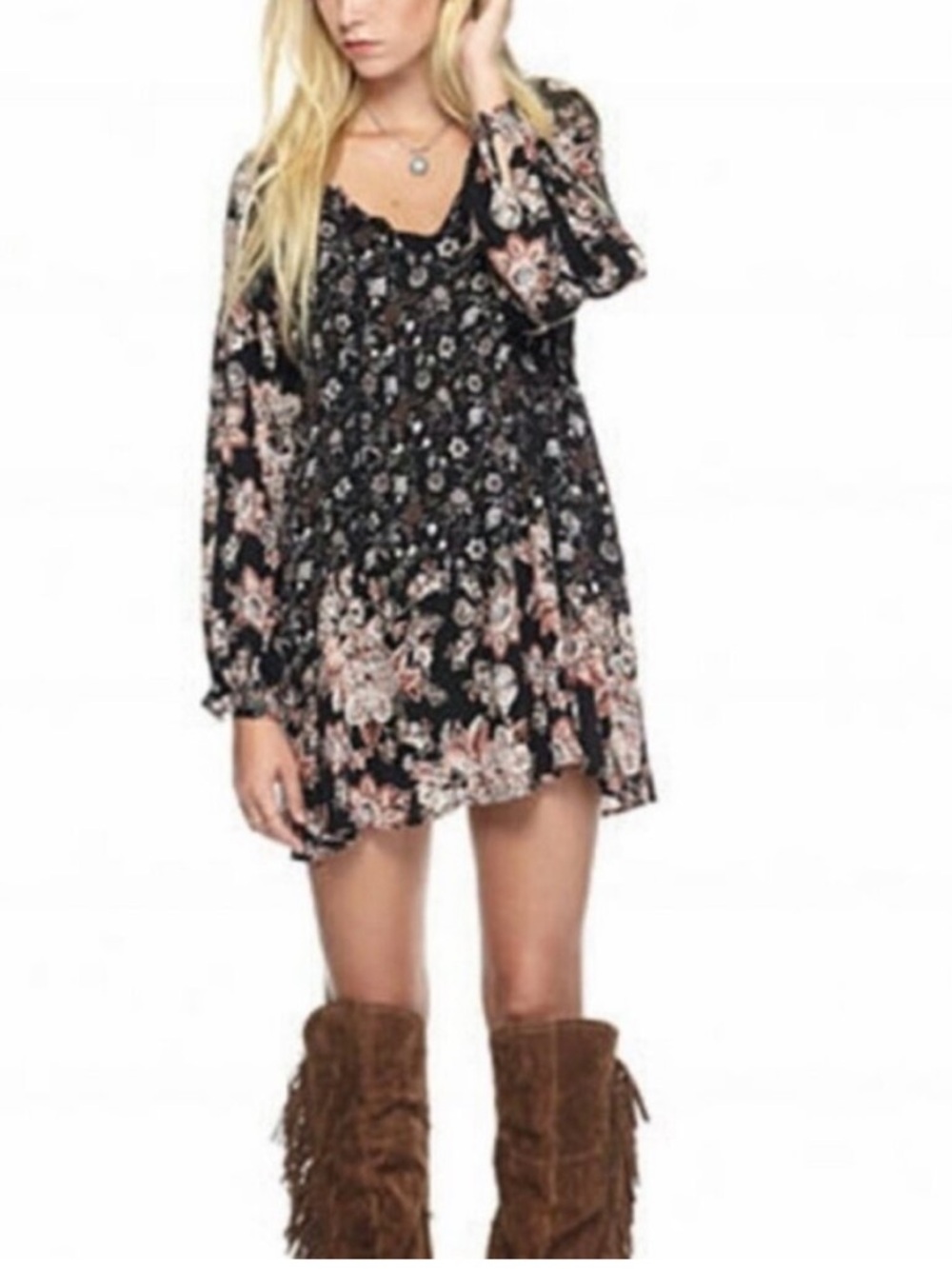 Free People Lucky Loosie Boho Floral Swing Tunic Mini Dress XS Festival Peasant